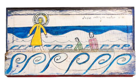“Jesus Walking on Water” 1985 Folk Art Painting on Salvaged Wood Panel Oil Painting