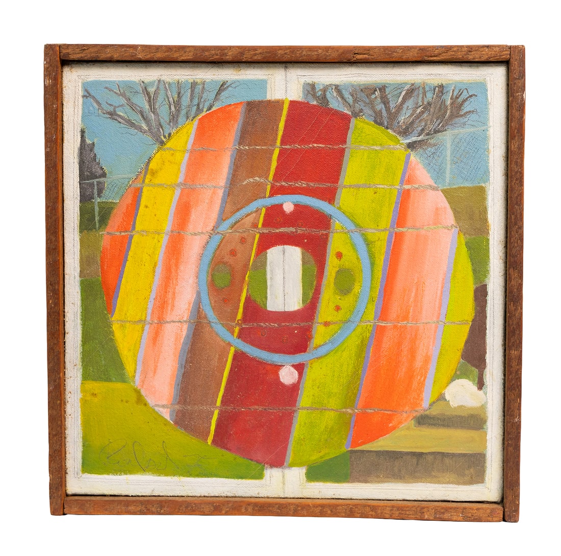 Bold Geometric “Tilt Spin Tommy’s Slanted Disc” Oil Painting Air Show Abstract Landscape: A vibrant and highly collectible mixed-media abstract titled “Tilt Spin Tommy’s Slanted Disc.” Painted in 1978 for the International Art Show in Guysville, Ohio, the work features a brillian