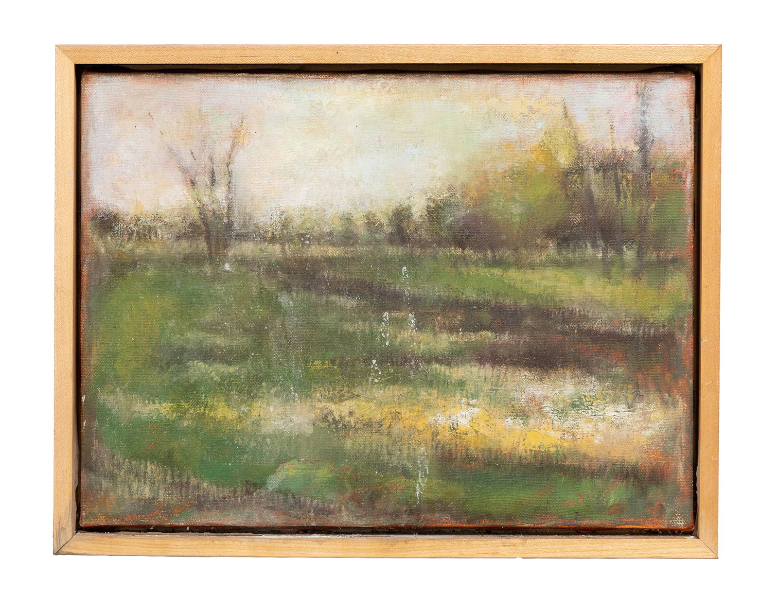 Soft Impressionist Landscape Painting in Warm Spring Tones, Vintage American Oil Painting: This gentle impressionist landscape captures a quiet meadow washed in soft greens, yellows, and warm atmospheric light. Hazy trees dissolve into the distance, giving the scene a dreamlike sense of ear