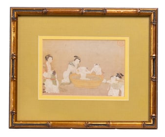 Chinese Bathing Scene Print in Gilt Bamboo Frame – Vintage Asian Interior Genre Artwork