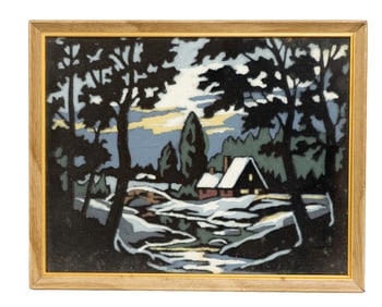 Vintage Mid-Century Winter Landscape Silhouette Scene – Cabin & Bridge in Snow, Framed