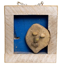 Rustic Folk Art “Stone Face” Wall Sculpture – Primitive Wood Shadowbox With Found-Object