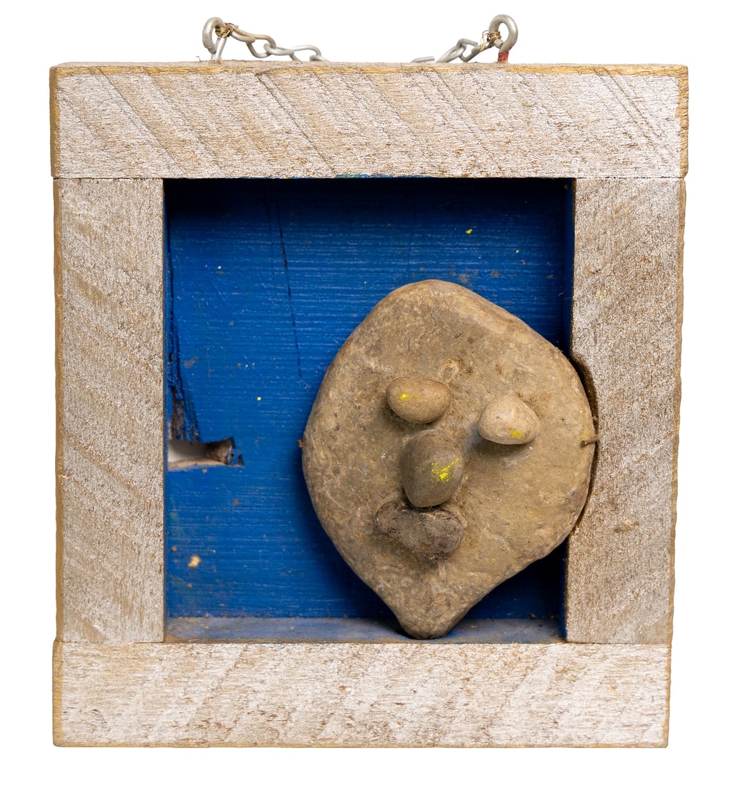 Rustic Folk Art “Stone Face” Wall Sculpture – Primitive Wood Shadowbox With Found-Object (1 of 3)