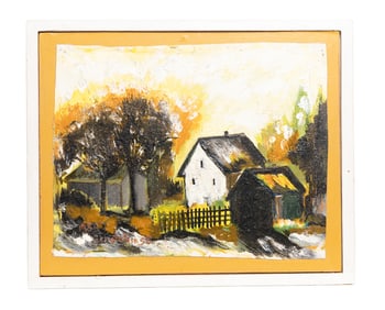 Vintage Folk Art Autumn Farm Landscape Painting — Small Rustic American Oil on Board