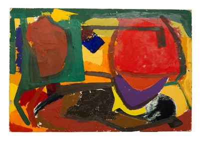 Bold Vintage Abstract Painting on Board – Mid-Century Expressionist Color Blocking, 24×16