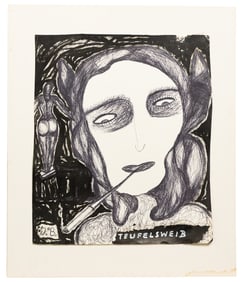 “Teufelsweib” Surreal Pen-and-Ink Portrait with Figure Study — Signed J.B., Mid-Century