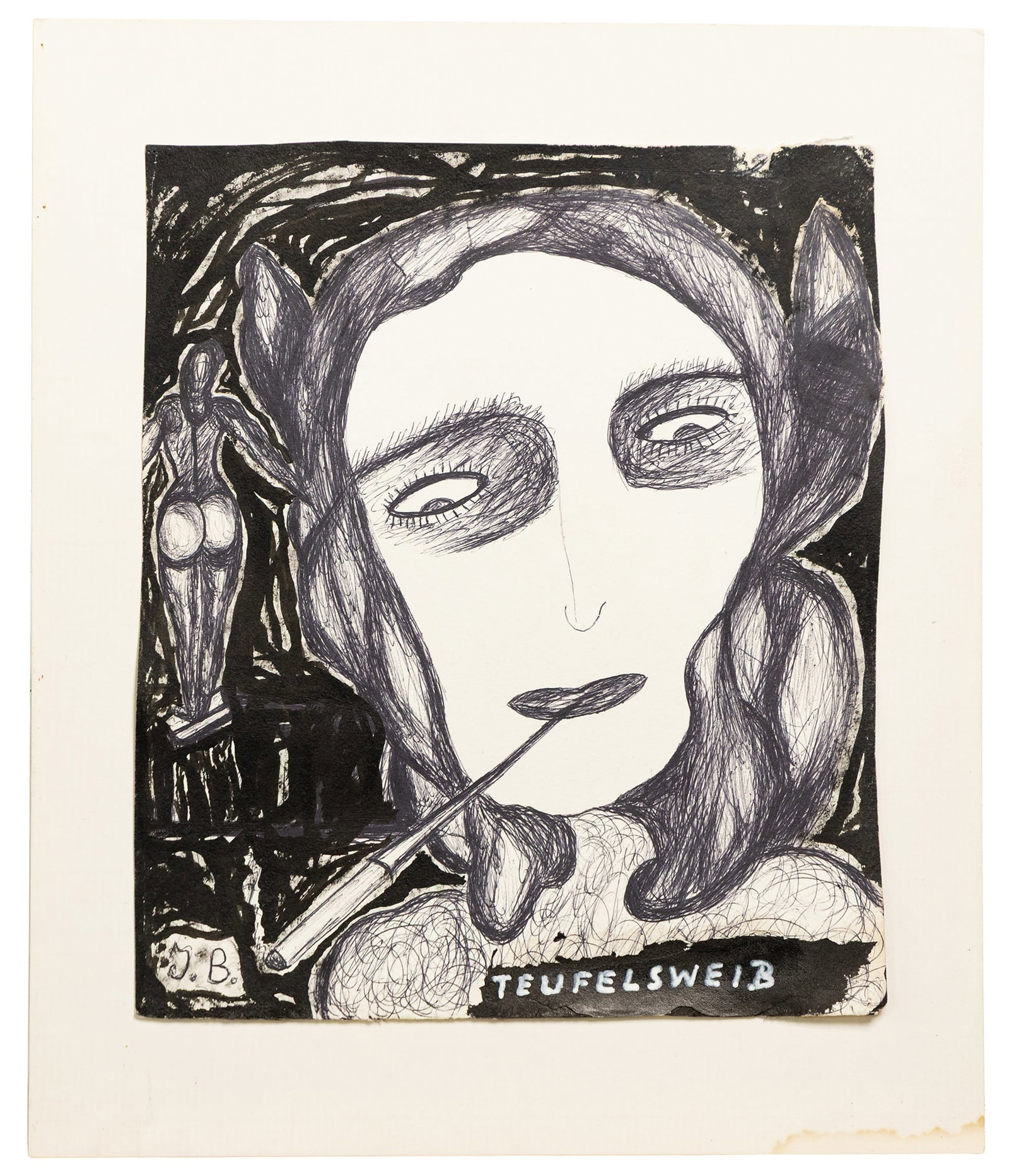“Teufelsweib” Surreal Pen-and-Ink Portrait with Figure Study — Signed J.B., Mid-Century: A striking surrealist pen-and-ink drawing titled “Teufelsweib,” this work features an elongated, mask-like female face rendered in dense cross-hatched linework, surrounded by expressive black 
