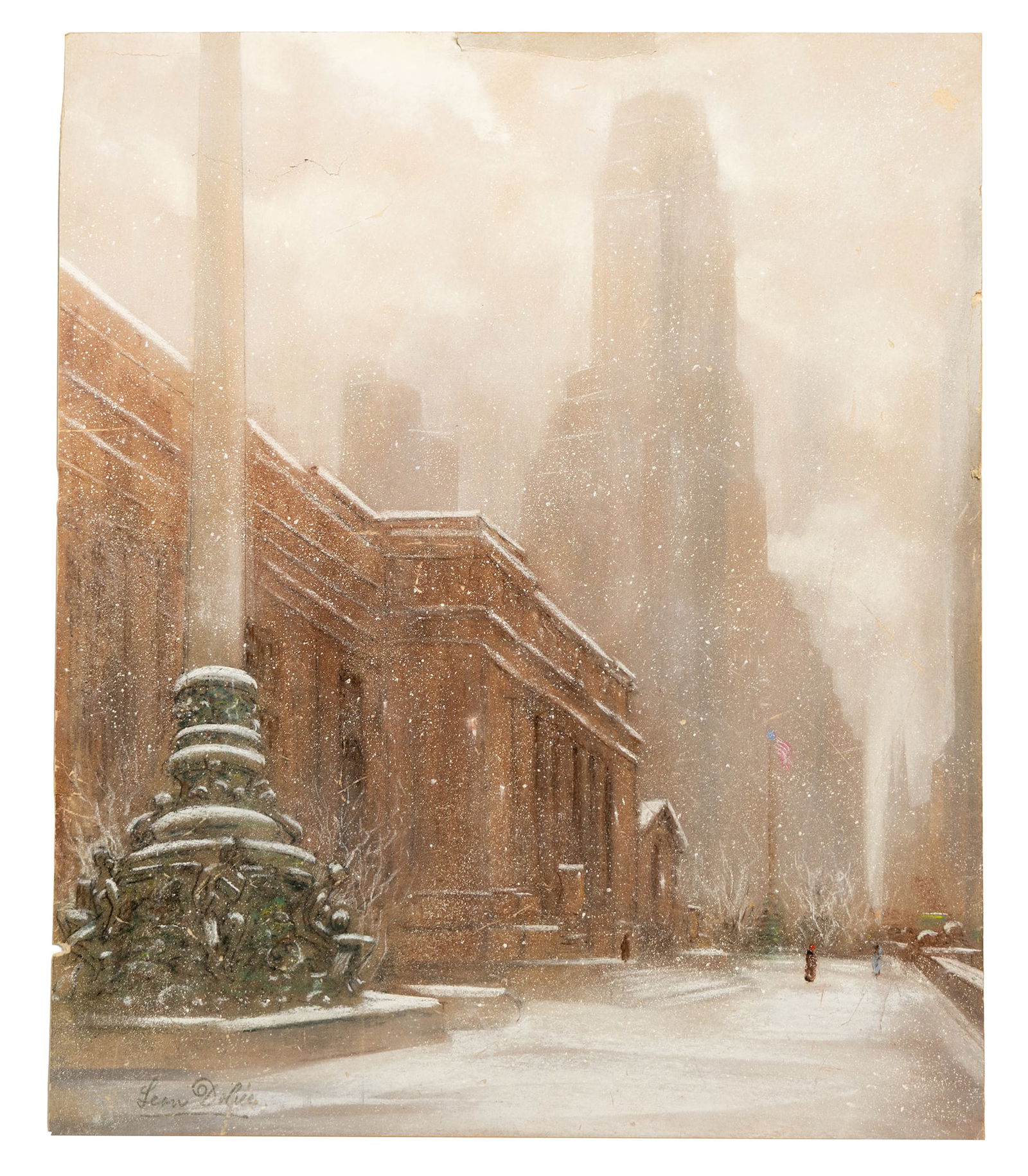 Leon Louis Dolice (1892–1960) Snow Scene at the New York Public Library Winter Cityscape Pastel (1 of 5)
