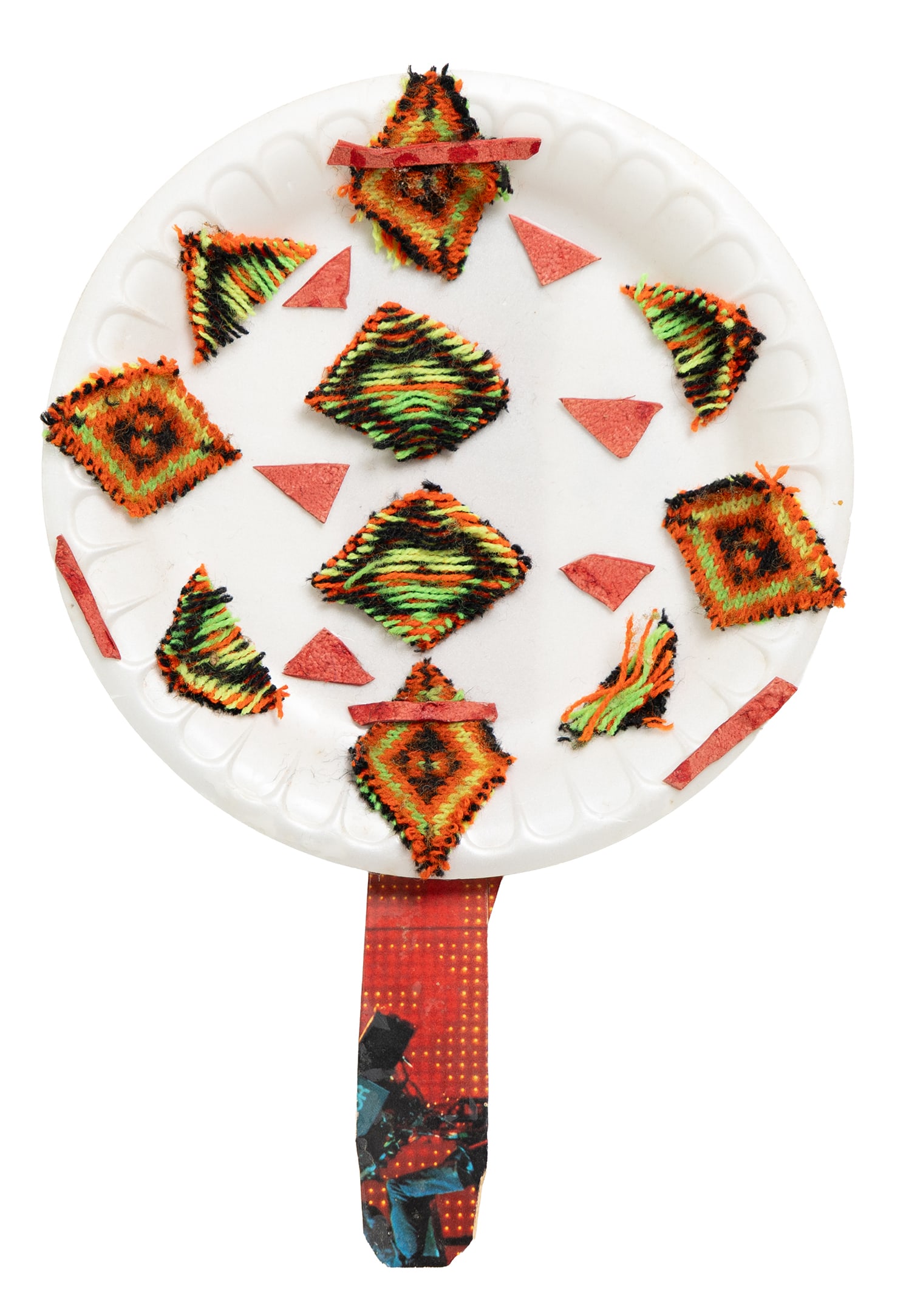 M.F.M. (1986) Folk Art Paper Plate Rattle with Yarn & Collage Handle – Vintage Handmade Craft (1 of 4)