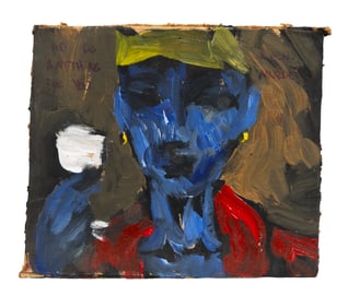 Bold Outsider Portrait of Blue-Skinned Figure with Coffee Cup, Expressive Modern Primitive Painting