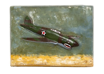 Hand-Painted Folk Art WWII Fighter Plane Relief on Plaster, Vintage Outsider Aviation Scene