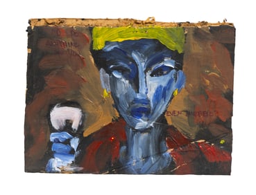 Expressive Portrait Painting on Cardboard with Bold Brushwork and Blue-Toned Face