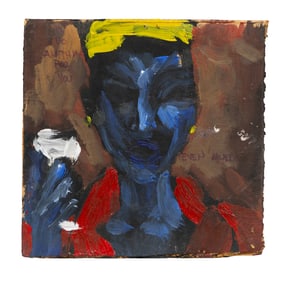 Expressionist Portrait on Cardboard with Blue Face and Bold Impasto Brushwork