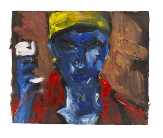 Bold Expressionist Portrait on Cardboard with Blue Face and Red Garmen