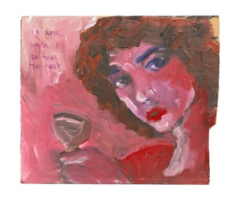 Expressive Pink Portrait on Cardboard with Text and Loose Brushwork