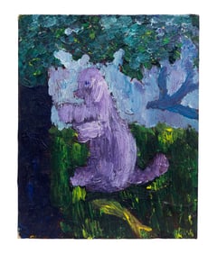 Whimsical Purple Creature in a Forest Scene — Textured Impasto Painting