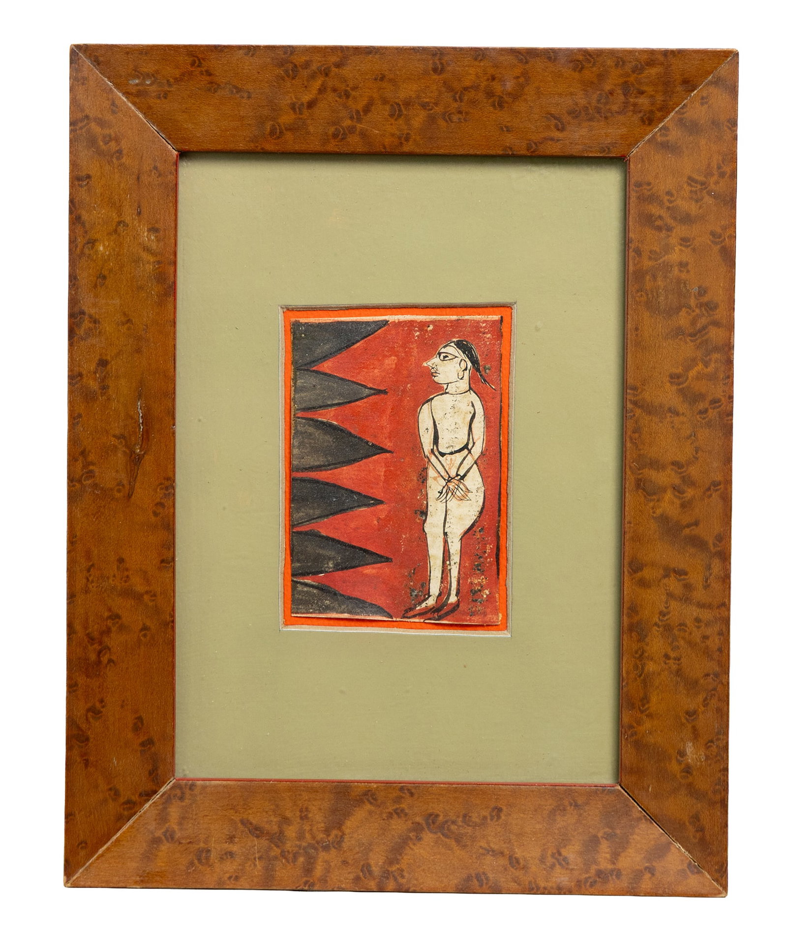 Framed Folk-Art Drawing of a Standing Figure on Red and Black Geometric Background: This small folk-art drawing features a stylized standing figure rendered in simple black linework against a bold red backdrop accented with black triangular forms. The composition has a primitive, alm