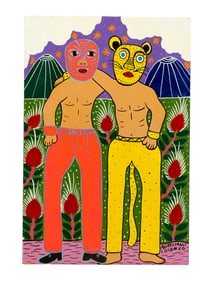 Aureliano Lorenzo Folk Art Painting of Masked Luchadores in Vibrant Landscape