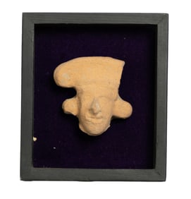 Framed Terracotta Figurine Head with Stylized Headdress