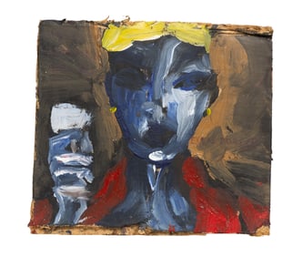 Expressive Portrait Painting on Board – Bold Brushwork, Blue Figure with Drink