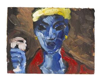 Bold Expressionist Portrait – Blue-Faced Figure With Drink, Outsider Art on Board