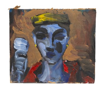 Expressive Outsider Art Portrait – Blue-Faced Figure With Drink on Rough Painted Board