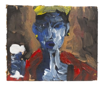 Vivid Outsider Art Portrait of Blue-Faced Figure in Red Coat Holding a White Cup on Painted Board