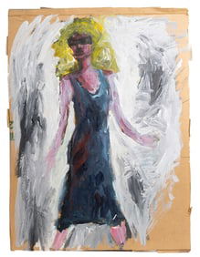 Expressive Outsider Painting of Blonde Figure in Dark Dress w/ Dramatic White Brushstroke Background