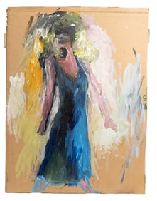 Bold Outsider-Art Painting of Figure in Blue Dress With Blonde Hair on Recycled Cardboard Panel