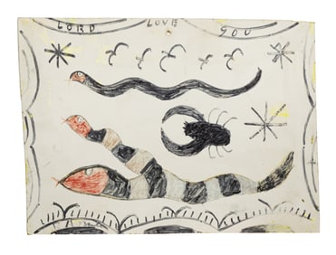 Primitive-Style Folk Drawing of Snakes With Stars and Decorative Border