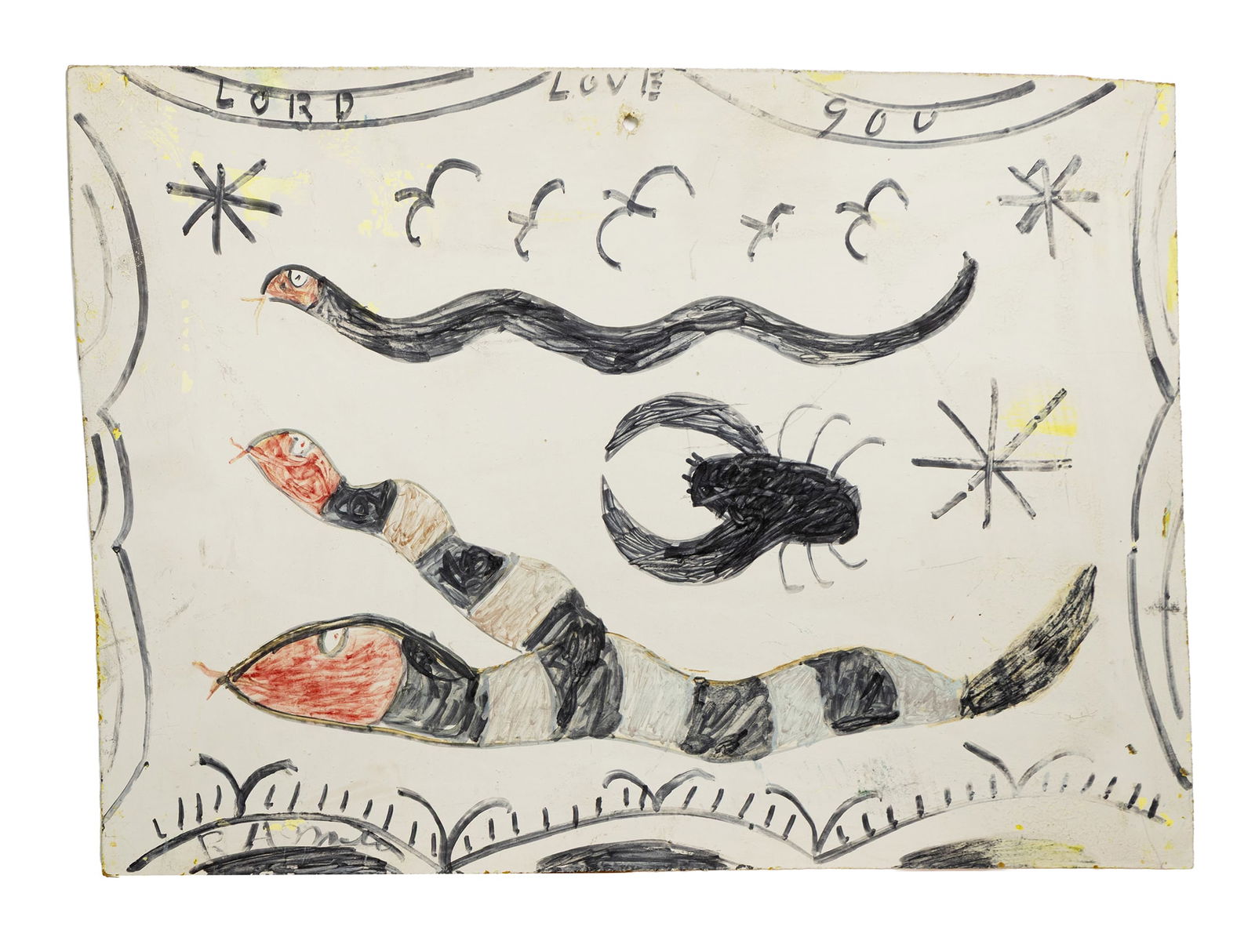 Primitive-Style Folk Drawing of Snakes With Stars and Decorative Border (1 of 2)