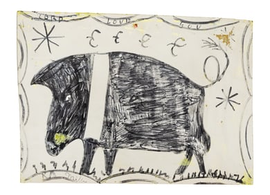 Folk Art Drawing of a Black Bull With Border Designs and “Lord Love You” Text