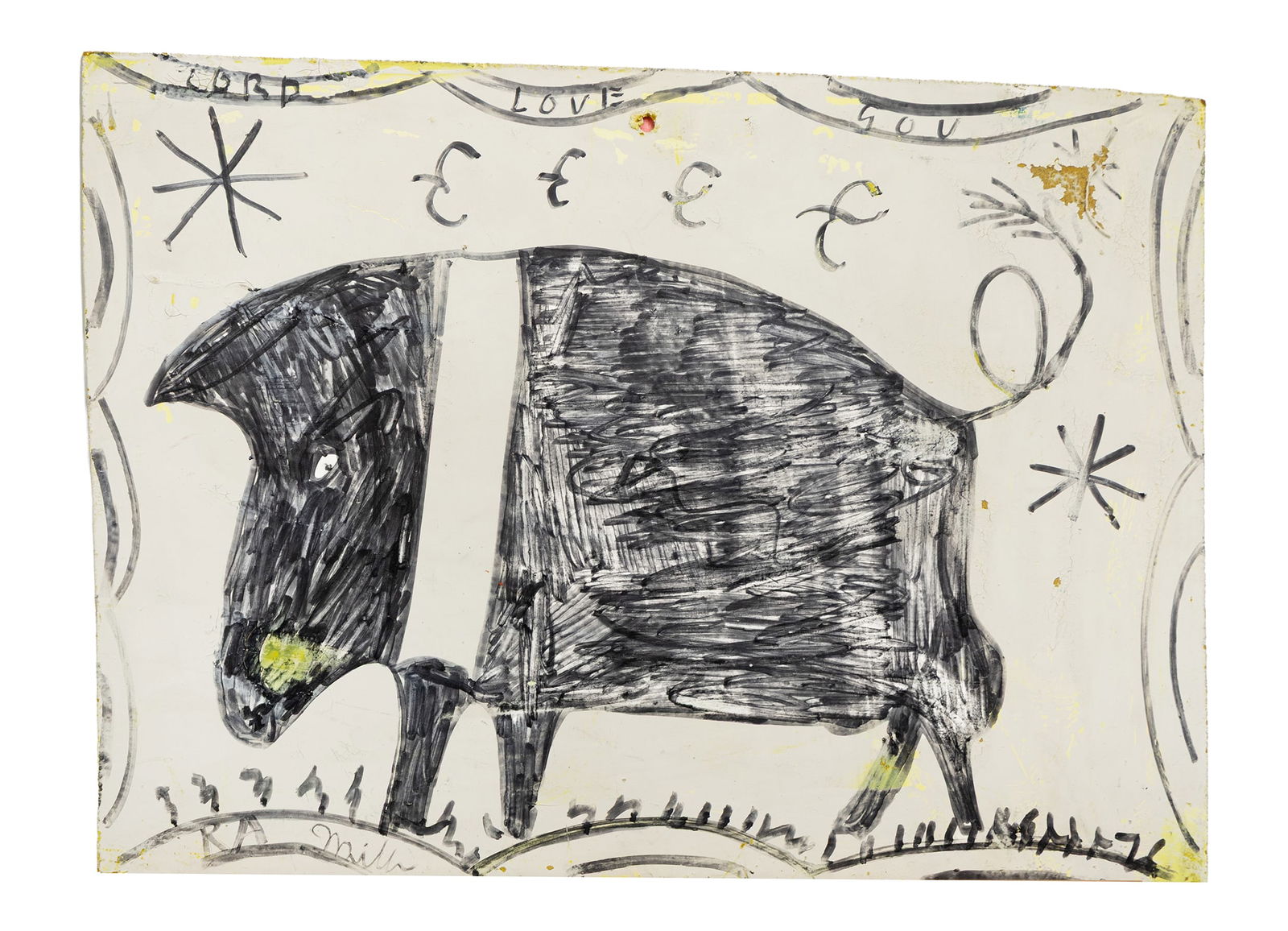Folk Art Drawing of a Black Bull With Border Designs and “Lord Love You” Text (1 of 2)