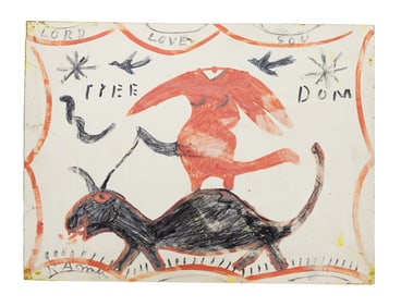 Folk Art Painting of Red Winged Figure Riding Black Beast With Birds and “Lord Love You”