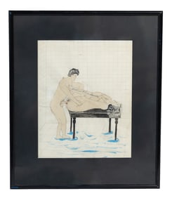 Framed Erotic Drawing of Two Figures in Interior Setting, Signed in French Script