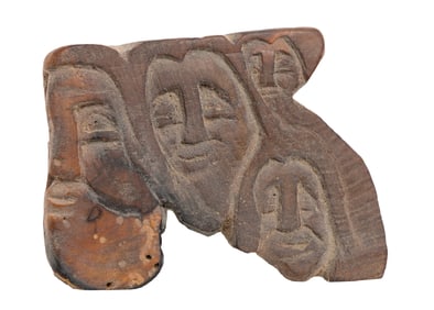 Carved Folk Art Wood Plaque with Four Stylized Faces