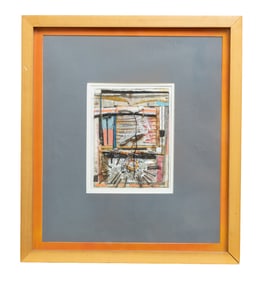 Framed Abstract Mixed-Media Collage with Textured Geometric Composition