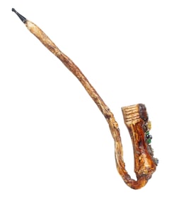 Folk Art Carved Wood Pipe with Jewel-Like Decorative Inlays