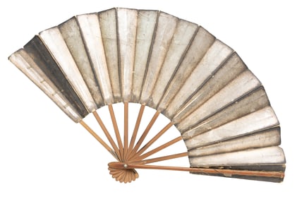 Large Antique Folding Hand Fan with Wooden Ribs and Aged Paper Panels