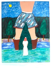 Whimsical Folk Art Painting of Two Figures in Landscape Setting, Signed Bob Sellers