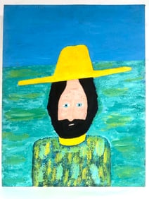 Folk Art Portrait of Bearded Figure in Yellow Hat Against Blue & Green Landscape Signed Bob Sellers