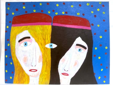 Whimsical Folk Art Painting of Two Figures with Shared Eye by Bob Sellers