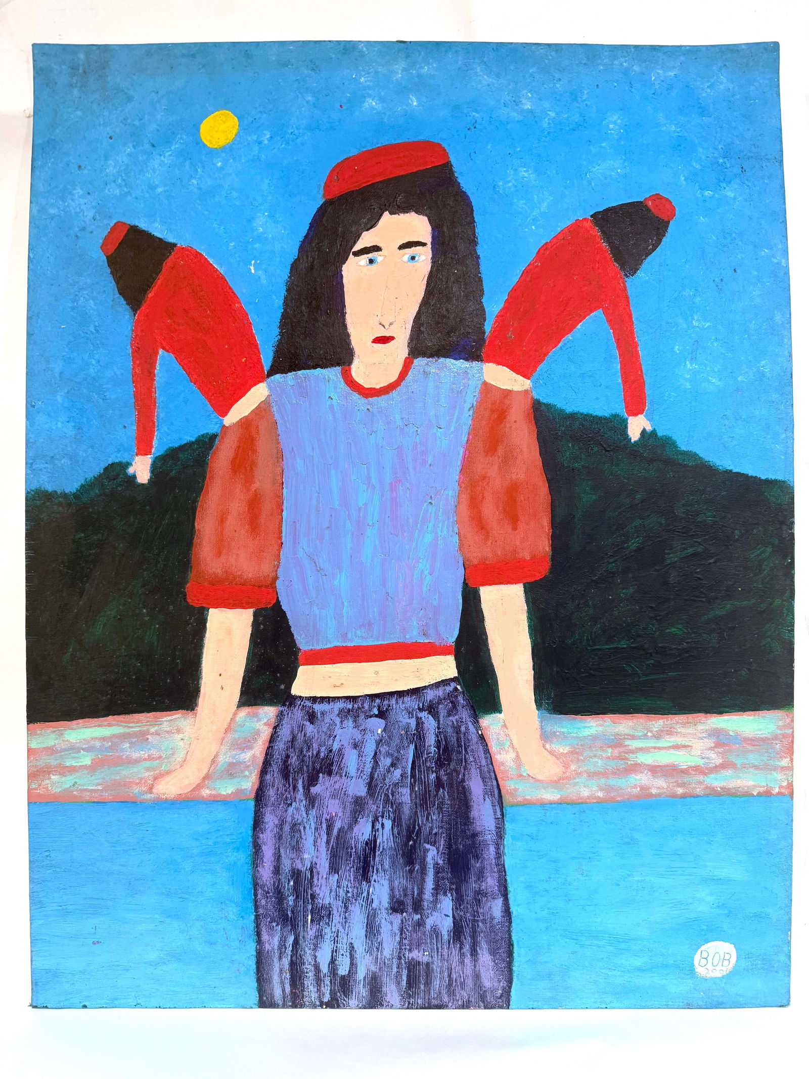 Vintage Folk ArtSurreal Folk Art Painting of Figure with Twin Red-Clad Forms by Bob Sellers (1 of 3)