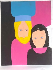 Colorful Folk Art Portrait of Two Figures in Pink and Black