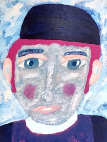 Bold Folk Art Portrait of a Man in Blue and Pink Tones