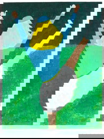 Folk Art Cheerleader in Blue and White Dancing in a Green Field