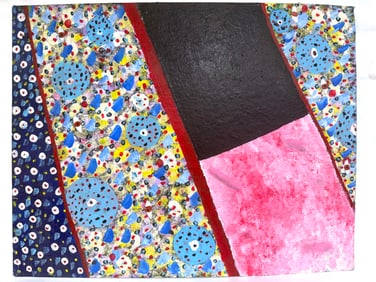 Colorful Abstract Geometric Painting with Dotted Patterns and Bold Pink & Black Shapes