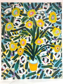 Bright Floral Painting with Yellow Blossoms and Abstract Eye Motifs