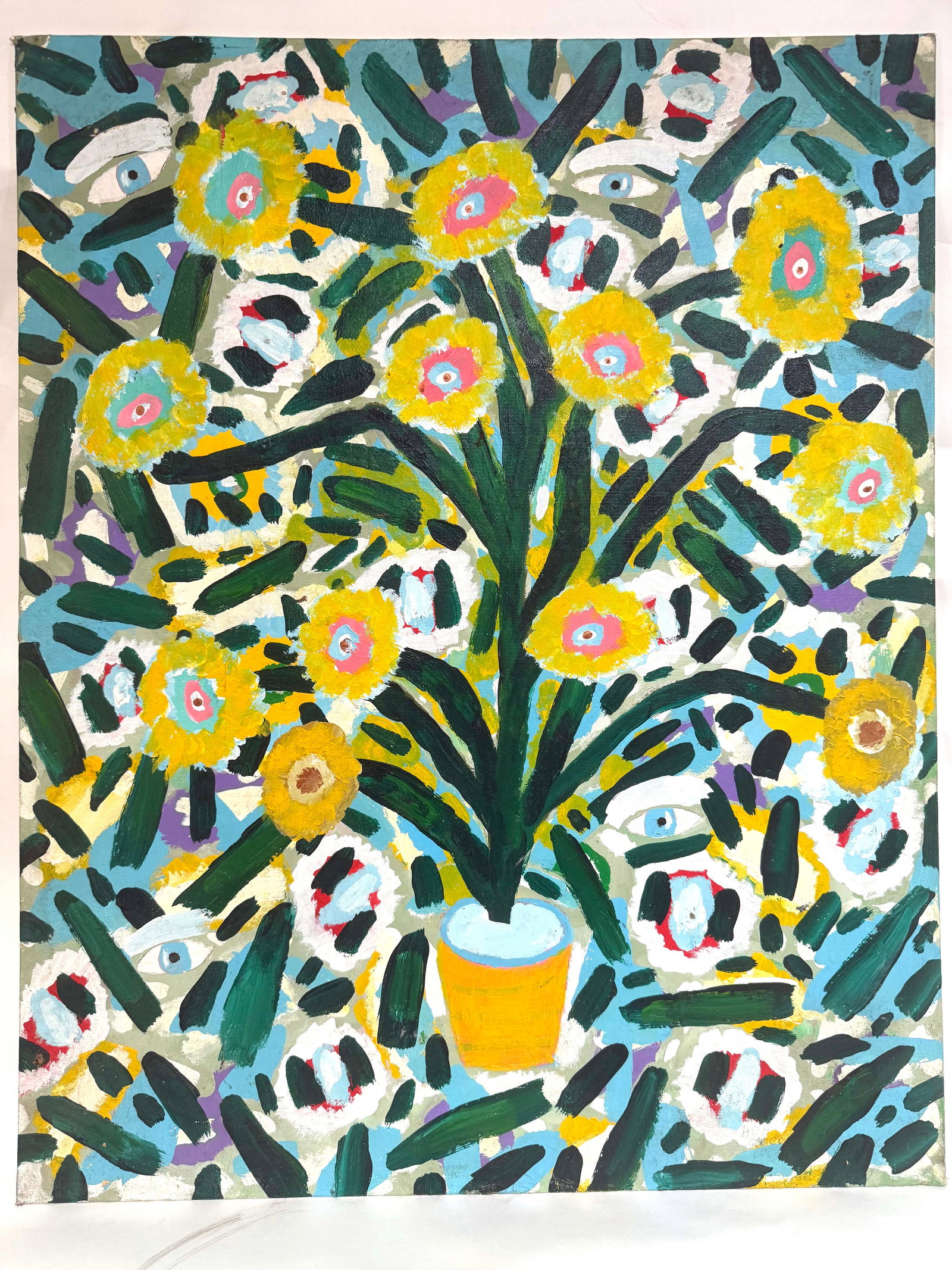 Bright Floral Painting with Yellow Blossoms and Abstract Eye Motifs: This striking and imaginative painting presents a lively bouquet of yellow flowers set within a richly patterned abstract background. The blossoms—each with a colorful, concentric center—radiate e