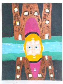Folk Art Portrait of Bearded Figure w/ Star Emblem & Abstract Architectural Backdrop by Bob Sellers